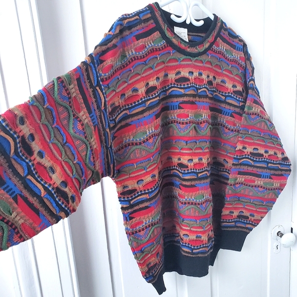 3D Textured Coogi Style Multicolour Wool Sweater Vintage 90s Medium - Picture 3 of 4